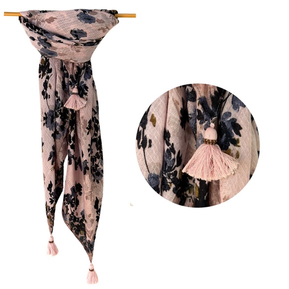 Accessories - Floral Pink and Black Scarf with Tassels